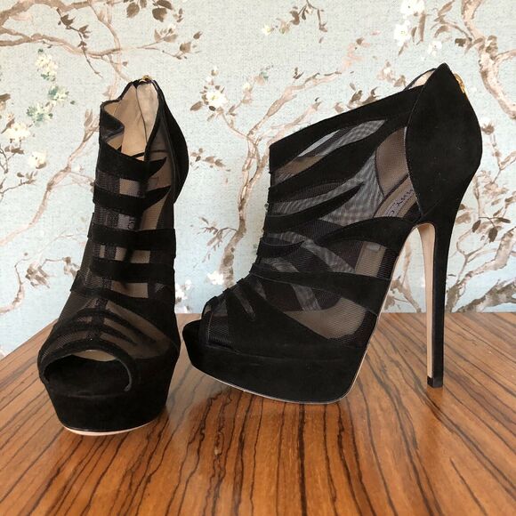Jimmy Choo Kerfield Black Suede/Mesh Peep Toe Platform Heels Booties Sz 6.5 (37) - Picture 1 of 12